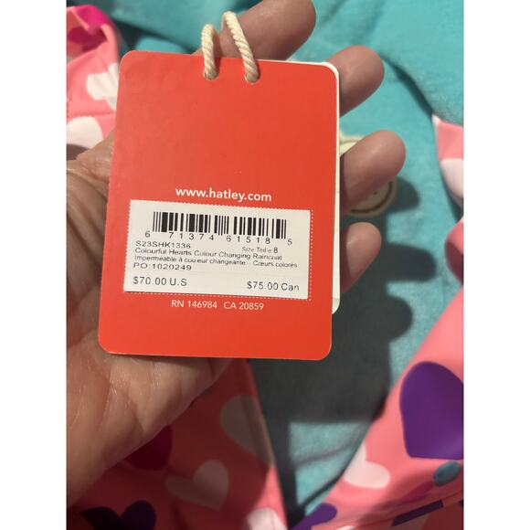 Hatley 8 pink color changing heart raincoat terry lining hooded pockets nwt - Picture 5 of 10